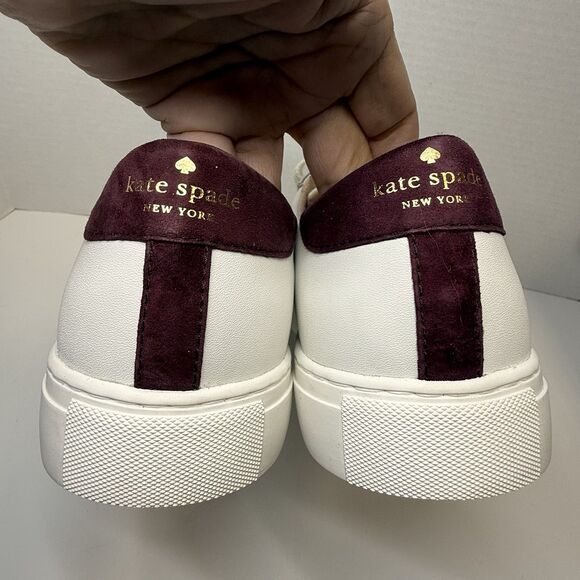 Kate Spade Fez Leather Low Top Sneaker In Optic White & Suede Maroon Sz 11 New - Picture 7 of 9